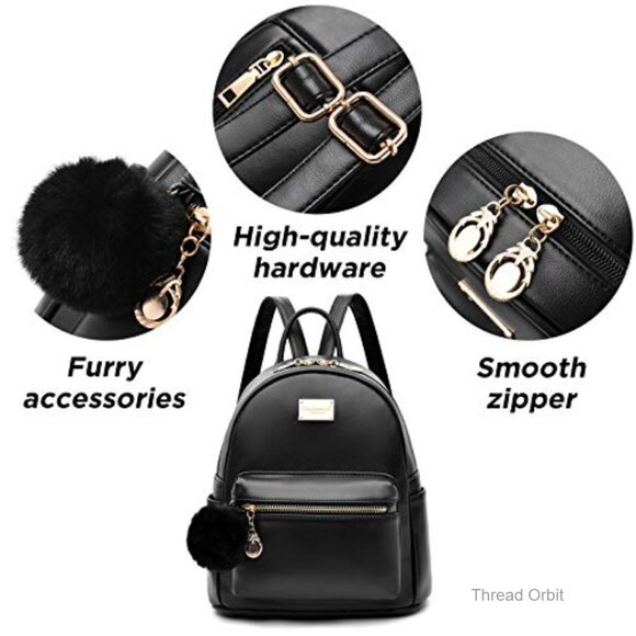 Mini Vegan Leather Backpack Purse with Pompom, Adjustable Straps, 4 Pockets main image 7